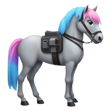 Gray horse with PINK and BLUE hair. One of its two front legs is a VIOLET LASER GUN sticker