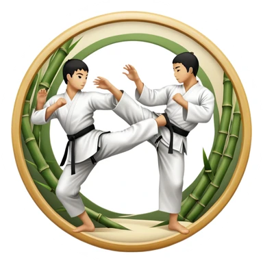 An icon symbolizing Eastern martial arts in the style of an emblem, featuring a black-and-white Yin-Yang symbol at the center. A martial artist is performing a fluid kick, surrounded by elements like a dojo and bamboo. Transparent background highlights balance and harmony. sticker