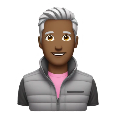 Finance bro with light grey short spike hair grey puffer vest over pink shirt driving a sports car sticker