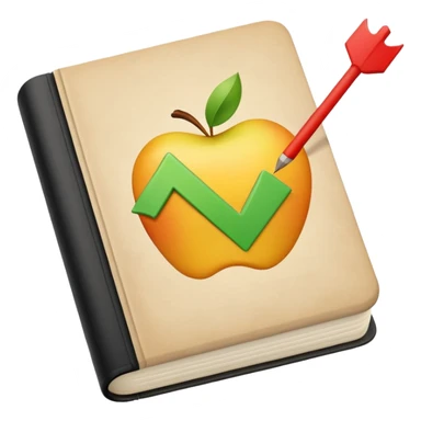 apple style emoji of an open trading wisdom journal with market lessons, trader’s reflections, key adjustments, checkmark for discipline, thought bubble for reflection, upward arrow for progress, clean minimalist design sticker