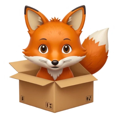 charming fox with a tilted head in a cardboard box, cheerful, kids toy aesthetic sticker
