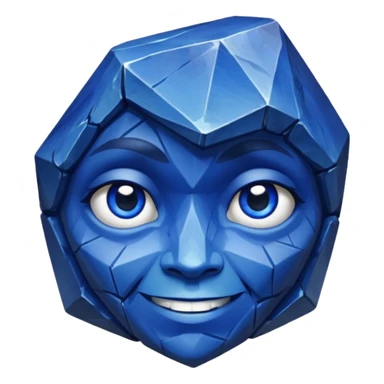 A single sapphire-blue faceted rock head, chunky and worn, with very visible big cracks and chipped facets but still shiny, big kind eyes and a confident smile sticker
