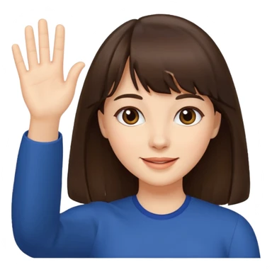 brunette woman with bangs and long hair waving, cheerful sticker