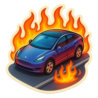 A Tesla Model Y parallel parking at a curb, from above, with fire around sticker