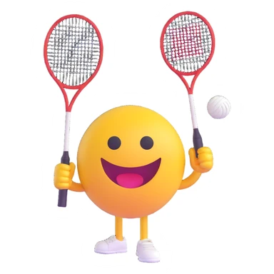 3D smiley emoji, round shape, with badminton racket and shuttlecock, sporty face sticker
