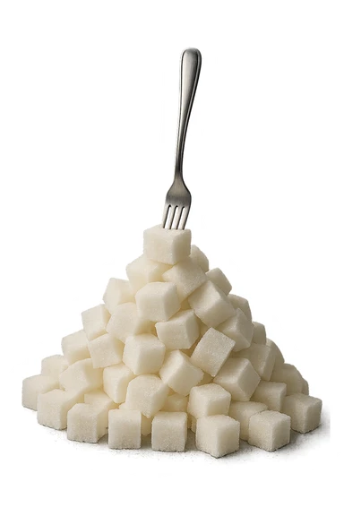 monagna di zollette di zucchero con una forchetta appizzata sopra, iperrealistico 4k sticker