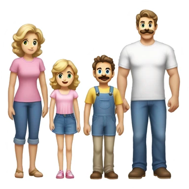 Father has brown hair with curled mustache and goatee, and a gray t-shirt with buttons. mother has brunette hair with pink highlights, cream-colored sundress with cherries on it. son has sandy blonde hair and blue super Mario t-shirt. sticker