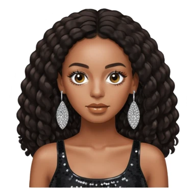 Solange with dark brown long hair, black sequin crop top, silver earring sticker
