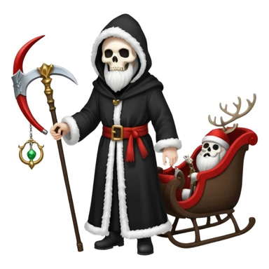 the Grim reaper dressed as Santa.... What gifts would be in his Sleigh.... What would his Sleigh likely look like.... Would the reindeer be skeletons, or ordinary reindeer? sticker