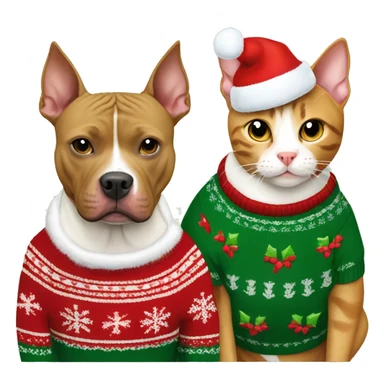 Tan pitbull and tabby cat in Christmas sweaters sticker