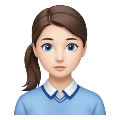 Realistic Student Portrait, with porcelain-like skin featuring a natural rosy flush, illuminated by soft lighting that highlights the gentle contours of her face. Her Brunette pony tail hair flows in soft, Her deep blue eyes radiate warmth and innocence,  wear light blue preppy style. sticker