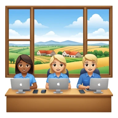 Employees of a startup company working on their computers while looking out the window at the rural landscape.  sticker