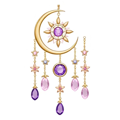 Epic Hanging gold suncatcher, threads with shiny sparkly amethyst and rose-quartz gemstones, flowers, moons, stars, leaves, petals sticker