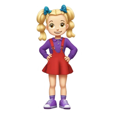 A little blonde girl with pigtails and little purple bows wearing a red long-sleeved shirt and purple overalls skirt with blue tights with green polka dots and purple sneakers, full body, rugrats sticker