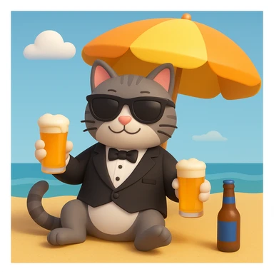 Add sunglasses to the cat in a tuxedo drinking beer on the beach in 3D emoji style, microsoft style 3d fluent emoji look with smooth shading and depth. sticker