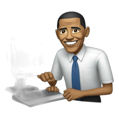 barack obama in front of a computer sticker