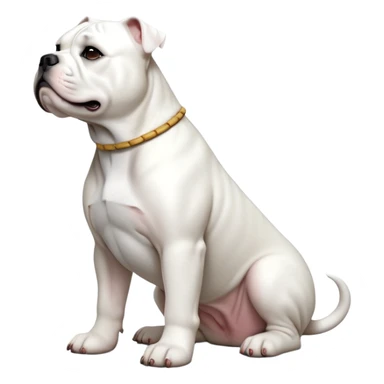 cinematic-[solid white american bulldog]-realistic-full-body-sitting-emoji,-tail-resting-loosely-beside-its-paws,-head-tilted-dramatically,-sleek-[solid white]-fur,-simplified-yet-realistic-focused-features,-highly-detailed,-glowing-with-an-almost-sarcastic-glow sticker