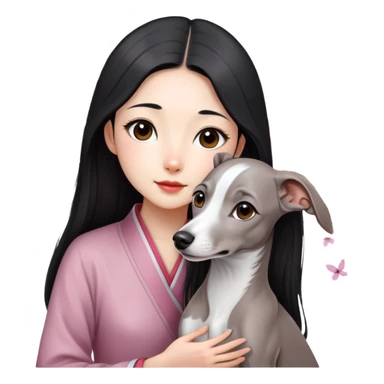 A young Chinese girl with long black hair and a pure grey Italian Greyhound with no white markings sitting under a cherry blossom tree sticker