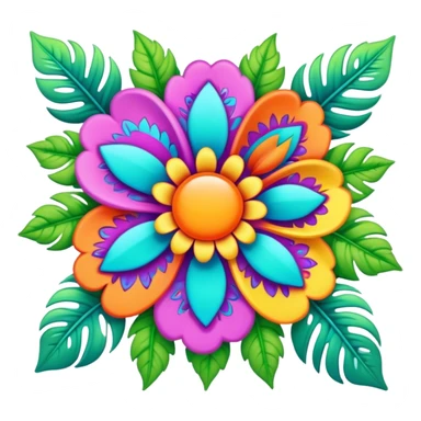 3D, psychedelic colored hippie style flower border with leaves sticker