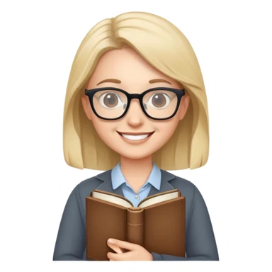English teacher holding a book, smiling, wearing glasses sticker