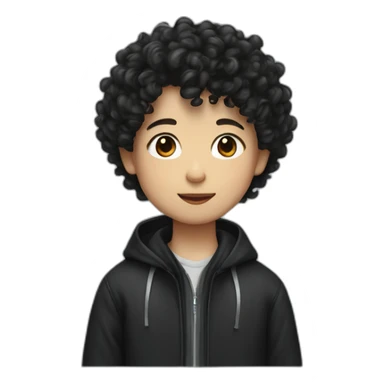 A Chinese boy with naturally curly hair wearing a black oversize jacket sticker
