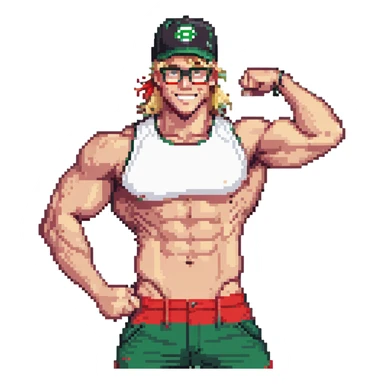 Man with black and white cap that says VANOMAS, bare muscular torso, red shorts, clear glasses, messy blond mullet hairstyle, flexing muscles and smiling sticker