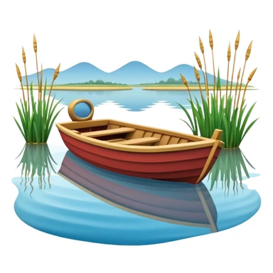 A 3D cartoon small boat floating on estuary water, with nearby reeds and horizon in view, bright lighting, photo frame,Memoji-style. sticker