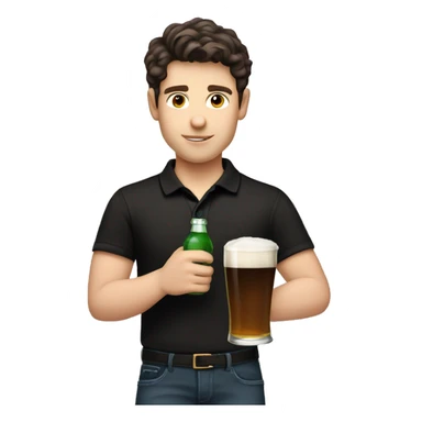 Short hair slightly curly dark brown hair boy with pale skin and brown eyes wearing black polo holding a pint alcohol in hand   sticker