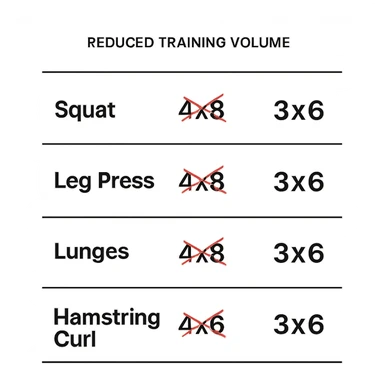 scheda di allenamento gambe con volume di allenamento ridotto (fai alcuni esercizi con 4x8 scritti in precedenza sbarrati in rosso e la correzione accanto tipo 3x6), scrivila al meglio che puoi sticker