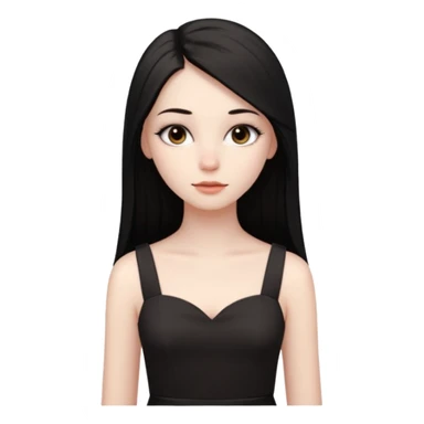 Cabelos pretos longos lisos ,olhos castanhos escuros puxadinho para cima com cílios grandes Pele clara ,nariz pequeno ,lábios mais carnudos ,adolescente 16 anos , com vestido de alinhamento sticker