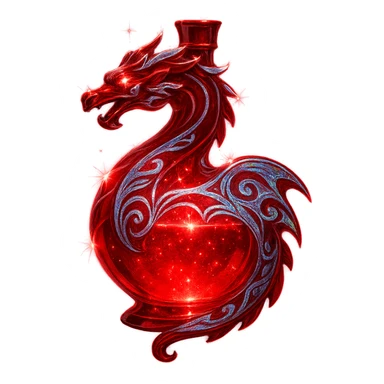 modernus prabangus eliksyro buteliukas, drakono forma, visas raudonas, holografiniai ir sidabriniai ornamentai, stiprūs magiški švytėjimai ir efektai, labai mažas kaklelis, skaidrus fonas, vientisas dugnas, be šešėlio, plūduriuoja ore, kolekcijos stilius sticker