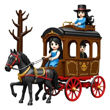  Rustic all black Lego antique wood Barbie Gypsy 1854 pretty dark-haired Catgirl driving a huge horse-drawn fancy French stagecoach Caravan on a bumpy scary ghost trail in the woods  sticker