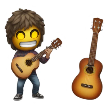 A guy with a ukelele and a led mask with 2 eyes sticker