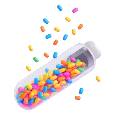 Playful 3D-rendered medical capsule orange and blue split open with shiny multicolored confetti bursting out like a celebration, glossy floating capsule, dynamic suspended confetti, high-quality 3D style sticker