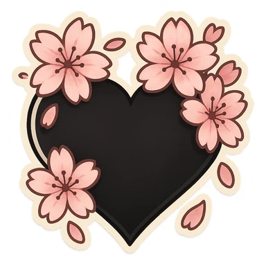 goth sakura heart, black heart with pink cherry blossom petals, cute and dramatic sticker