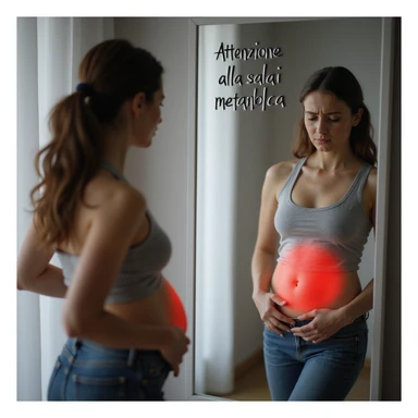 realistic adult woman with PCOS, modern clothing, looking at mirror and touching her abdomen with worried expression, red halo highlighting abdominal area, text on mirror in Italian: 'Attenzione alla salute metabolica', 4K quality sticker