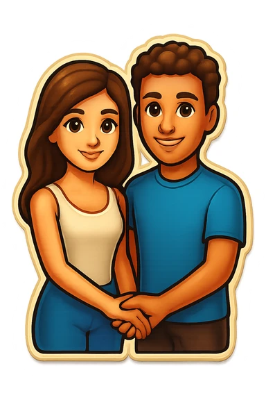 A couple holding hands and standing straight, in the same retro stickers emoji style as the reference image, but without the dog. sticker