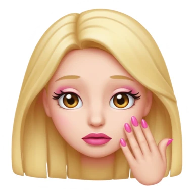 Shy emoji with long lashes, pouty lips, and pink nails on a black background, cute aesthetic sticker