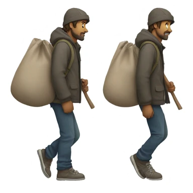 homeless man carrying a stick over his shoulder with a bag on the end sticker