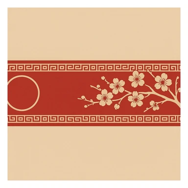 eastern style plaque for post signature, ultra long horizontal rectangle 1200x100px, only red and sand colors, with round gold ornament, sakura branch, no text sticker