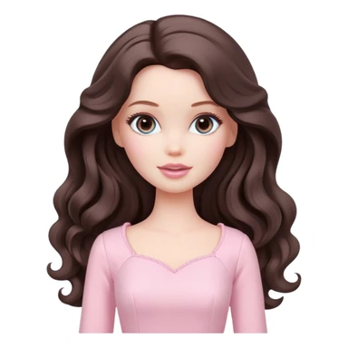 A white Barbie girl with long dark brown wavy hair in pale pink clothes has loving look sticker