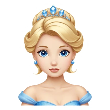  "Cinematic Adorable Elegant Cinderella Portrait Emoji, Head tilted gracefully with sparkling blue eyes, delicate fair skin, and elegantly styled golden-blonde hair in a soft updo, wearing her signature shimmering blue ball gown (chest and above). Simplified yet regal features, highly detailed, glowing with a soft, enchanting radiance, high shine, serene and graceful, stylized with a touch of fairy-tale elegance, bright and endearing, soft glowing outline, capturing the essence of a timeless princess, so magical it feels like she could waltz into a dream!" sticker