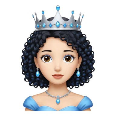 Por favor hazme el emoji de la princesa pero con el pelo negro y rizado, los ojos marrones y la corona plateada con jollas azules sticker