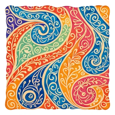 Batik art icon, colorful fabric with wax patterns, flowing fabric with intricate curves, vibrant colors, minimalistic design, clean lines, transparent background. sticker