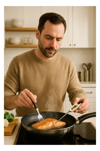 Uomo tra i 30 e i 45 anni in cucina moderna, concentrato mentre cucina un filetto di salmone fresco in padella. Si vede il vapore che sale, la superficie del salmone dorata e ben cotta. L’uomo usa utensili puliti, termometro da cucina nella mano sinistra per controllare la temperatura interna. Sullo sfondo, atmosfera luminosa e pulita, messaggio visivo implicito di sicurezza alimentare e buona pratica. Stile realistico e rassicurante, colori caldi e tono domestico. sticker