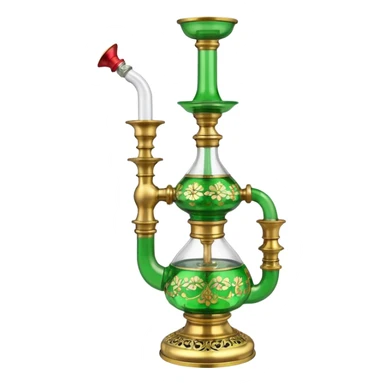 Brass hookah with green design on a glass water base on the top; with two pipes from the side all pouting on top sticker