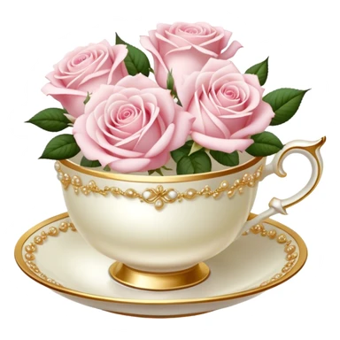 Elegant arrangement of pale pink roses in a pearl teacup with gold trim, vintage-style. sticker
