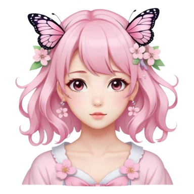A Gorgeous Beautiful Anime Lady Sakura Cherry Blossom and Pretty Hair, pastelcore aesthetic, pastel pink and white, butterfly, Fairycore sticker