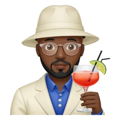 Bald dark skin man, goatee and beard, wearing balenciaga hat, drinking a cocktail sticker
