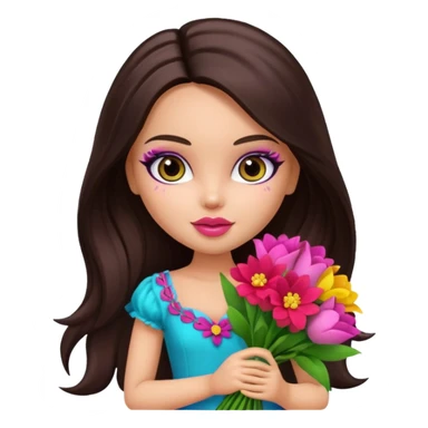  pretty bratz doll with makeup , long dark brown hair holding big bouquet of flowers  sticker
